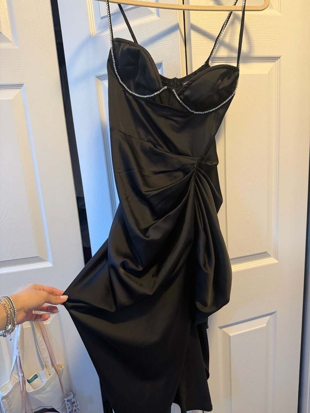 PrettyLittleThing Rhinestone Trim Ruched Satin Dress Black